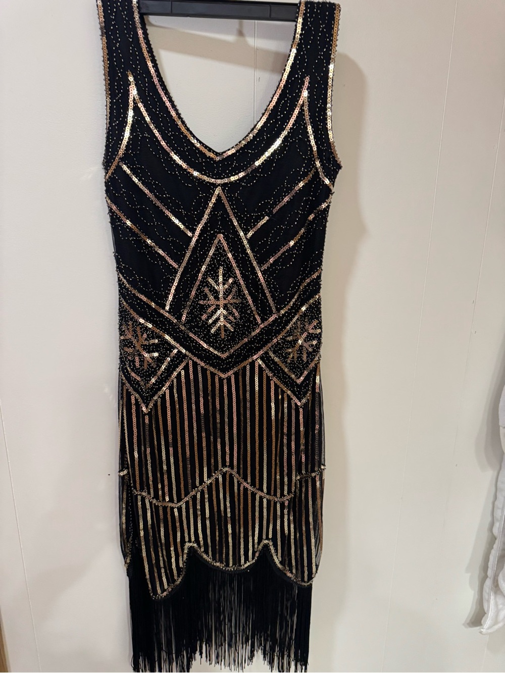 Black & Rose Gold Beaded V-Neck Fringe Dress